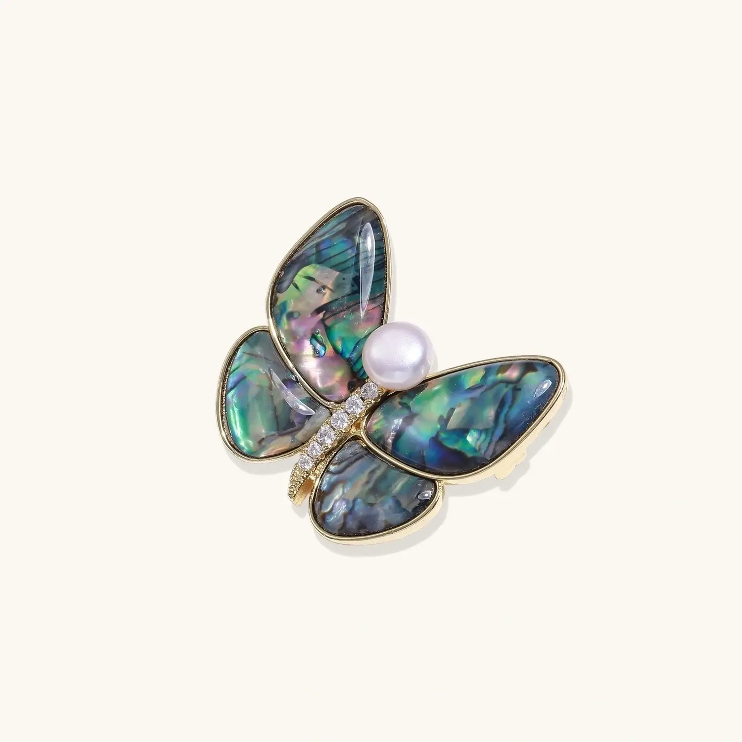 Close up of Rainbow Butterfly Brooch showing abalone shell and pearl details