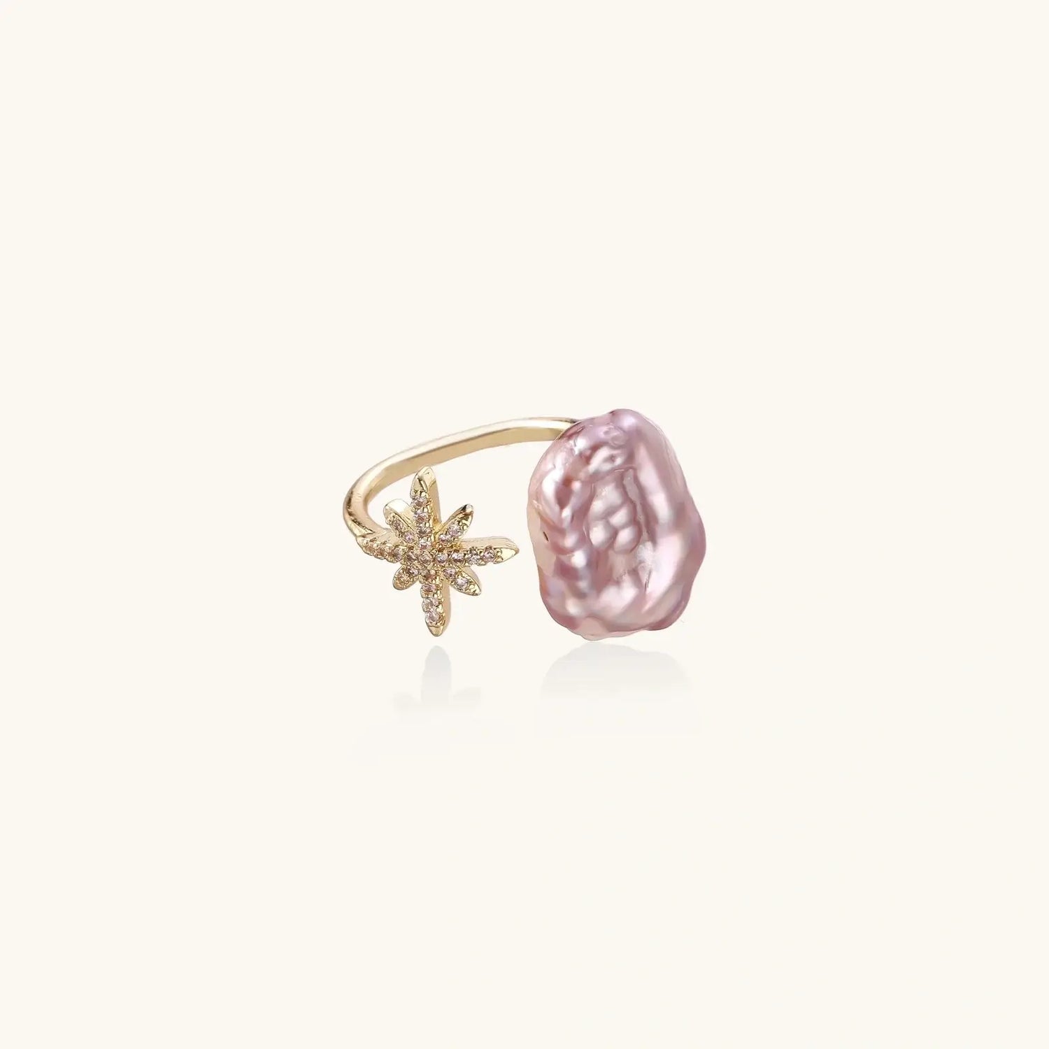 Close-up of Starlit Pearl Dreams Ring showing luminous freshwater pearl and gold details