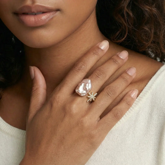 Model wearing Starlit Pearl Dreams Ring - elegant freshwater pearl ring for women