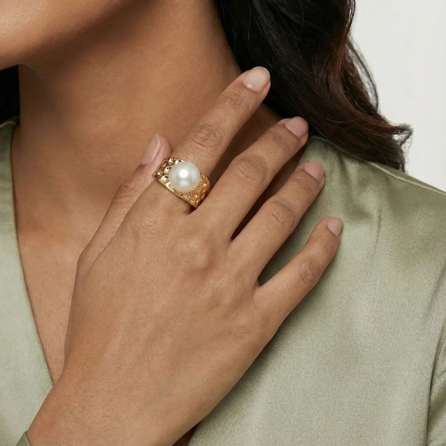 Golden Tide Pearl Ring | Freshwater Gold Ring – Glitter By Kate Wild worn on a hand, showcasing its organic gold textures and pearl.