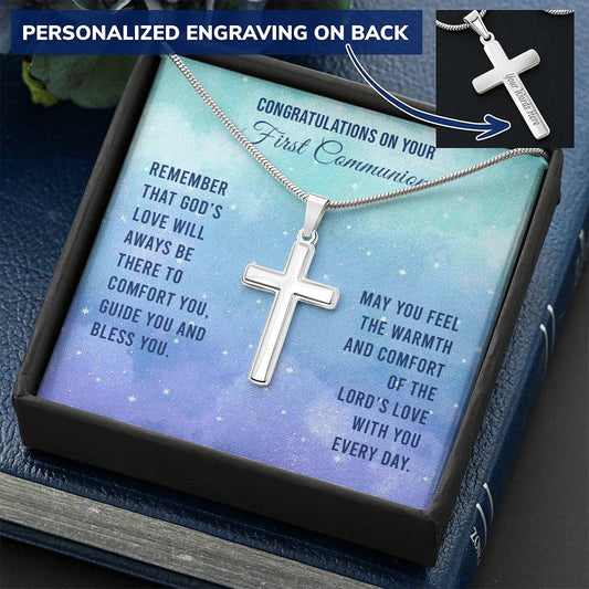 First Communion Engraved Cross Stainless Steel Necklace (Smooth Chain)