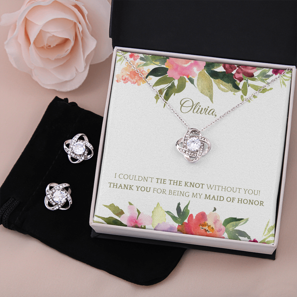 Personalized Maid of Honor 14k White Gold Plated Necklace & Earring Set