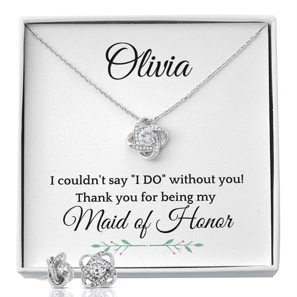 Personalized Maid of Honor 14k White Gold Plated Necklace & Earrings