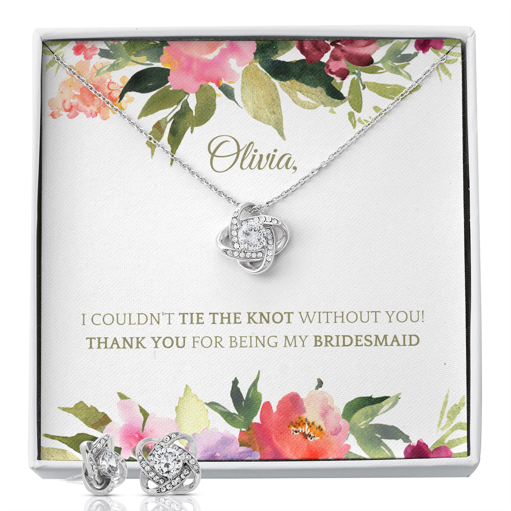 Personalized Bridesmaid 14k White Gold Plated Necklace & Earring Set