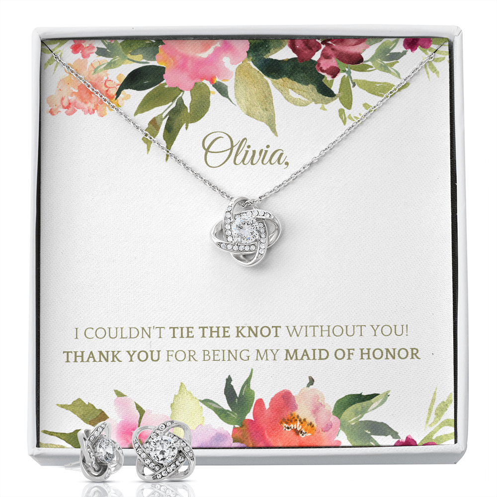 Personalized Maid of Honor 14k White Gold Plated Necklace & Earring Set