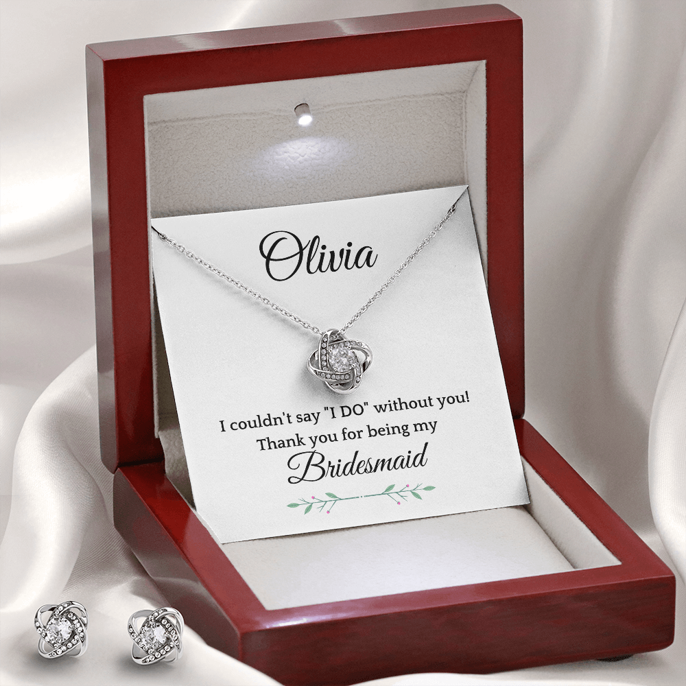 Personalized Bridesmaid 14k White Gold Plated Necklace & Earring Set